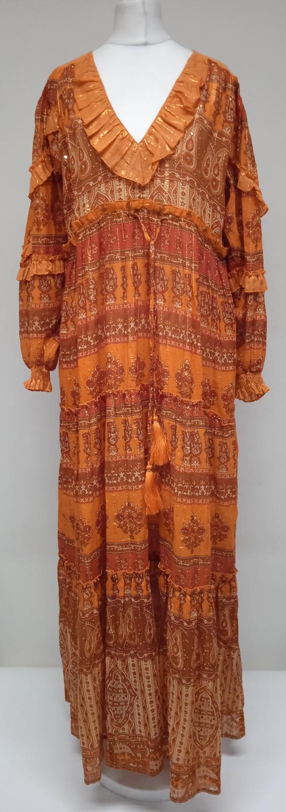 MISS JUNE Ladies Orange & Brown Metallic Cotton Blend Midi Dress Approx. UK10