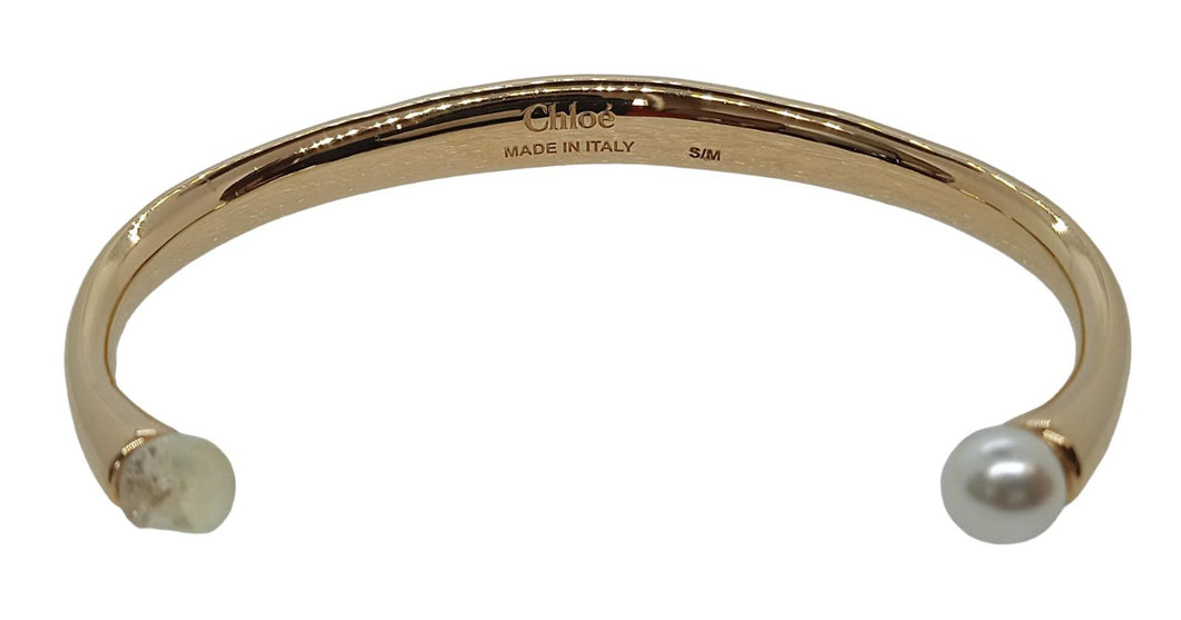CHLOÉ Darcey Round Bracelet Open Cuff Faux Pearl Brass Gold S-M NEW RRP440