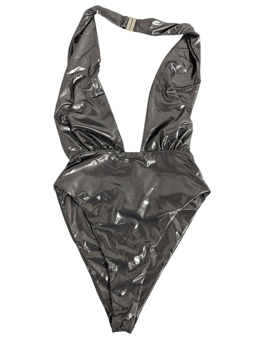ALESSANDRA RICH Swimsuits Laminate Plunge Halter Dark Grey UK12 NEW RRP 380