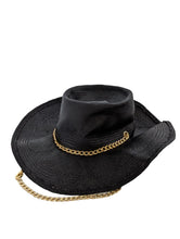 Load image into Gallery viewer, GLADYS TAMEZ MILLINERY Black Hats Aventuro Straw Cowboy Chain Hat M NEW RRP 285
