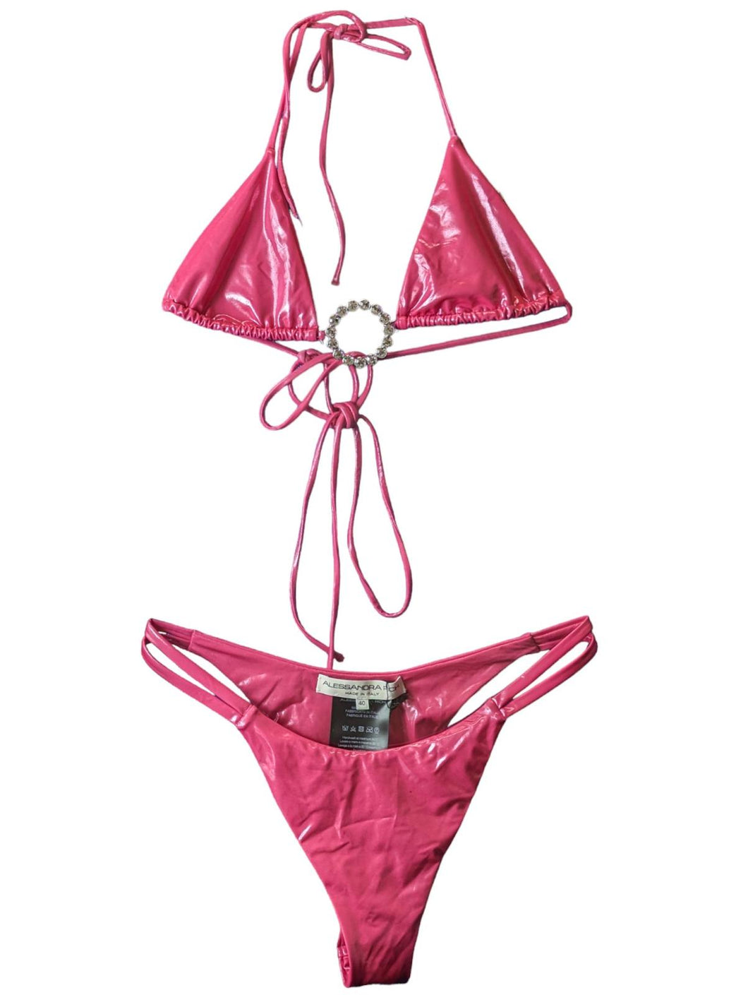 ALESSANDRA RICH Laminate Triangle Bikini Set Tie Front Pink UK12 NEW RRP 380