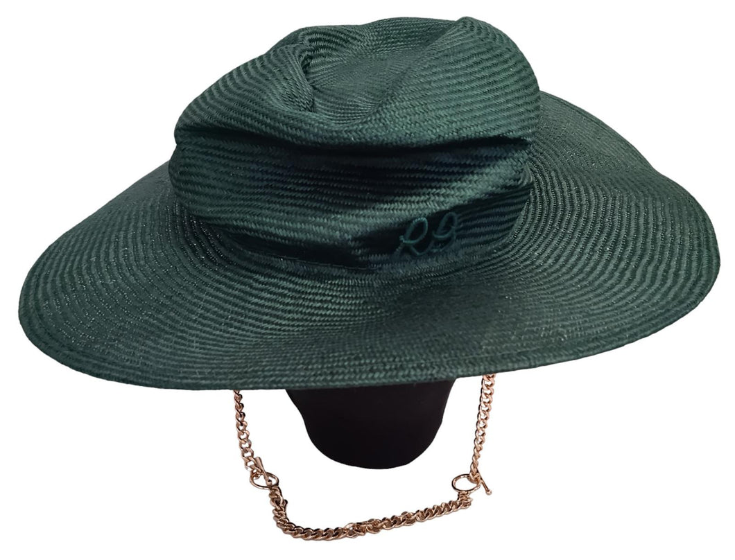 RUSLAN BAGINSKIY Fedora Hat Straw Gold Tone Chain Strap Green S NEW RRP305