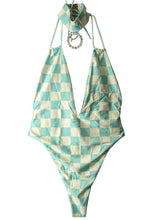 Load image into Gallery viewer, ALESSANDRA RICH Blue Swimsuits Costume Deep V Neck Aqua White UK10 NEW RRP 435
