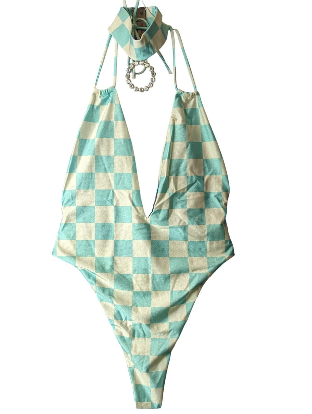 ALESSANDRA RICH Blue Swimsuits Costume Deep V Neck Aqua White UK10 NEW RRP 435