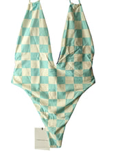 Load image into Gallery viewer, ALESSANDRA RICH Blue Swimsuits Costume Deep V Neck Aqua White UK10 NEW RRP 435
