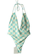 Load image into Gallery viewer, ALESSANDRA RICH Blue Swimsuits Costume Deep V Neck Aqua White UK10 NEW RRP 435
