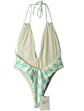 Load image into Gallery viewer, ALESSANDRA RICH Blue Swimsuits Costume Deep V Neck Aqua White UK10 NEW RRP 435
