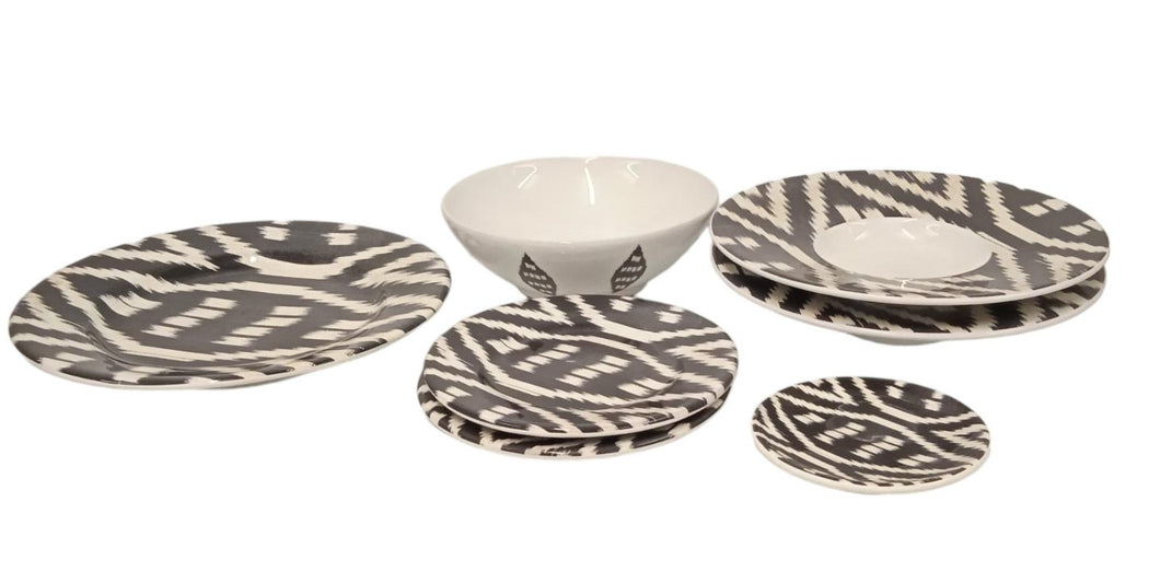 LES OTTOMANS 7-Piece Plate Saucer & Bowl Set Black & White Ikat Ceramic NEW