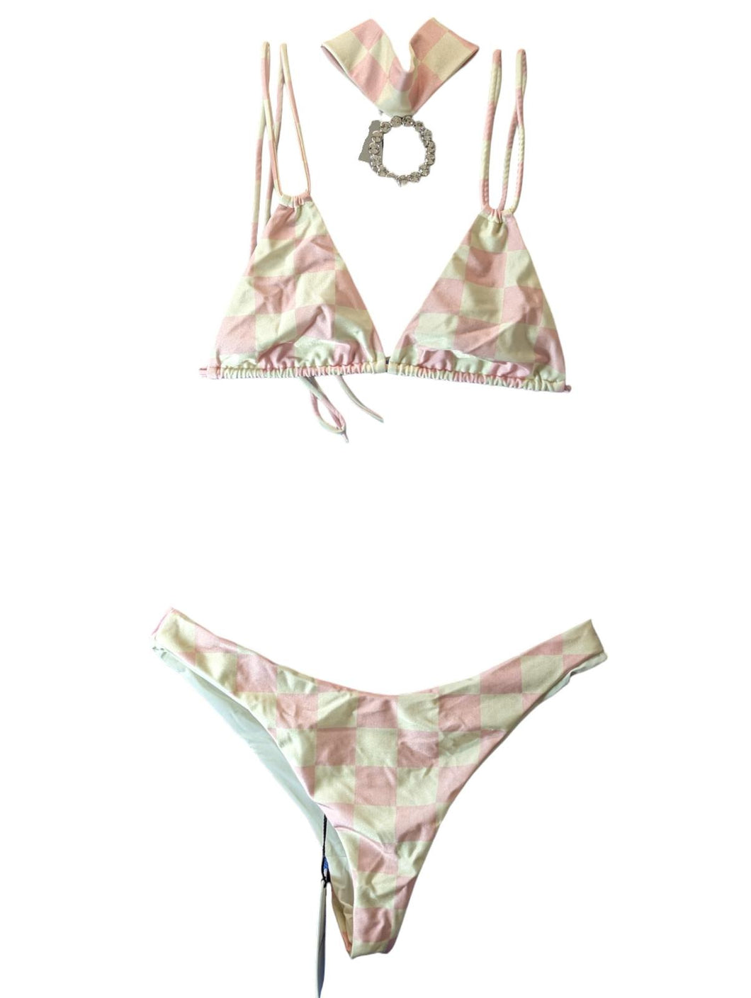 ALESSANDRA RICH Pink Bikini Sets Damier Chocker White Accent UK14 NEW RRP 435