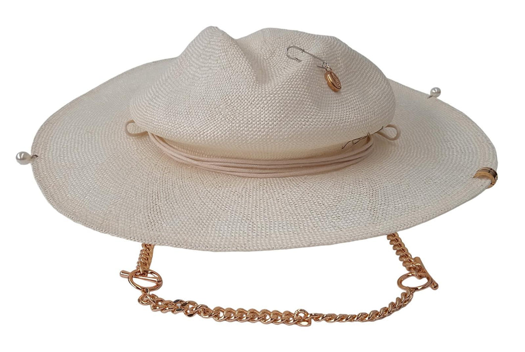 RUSLAN BAGINSKIY Fedora Hat Chain Strap Natural Straw White/Gold S NEW RRP320