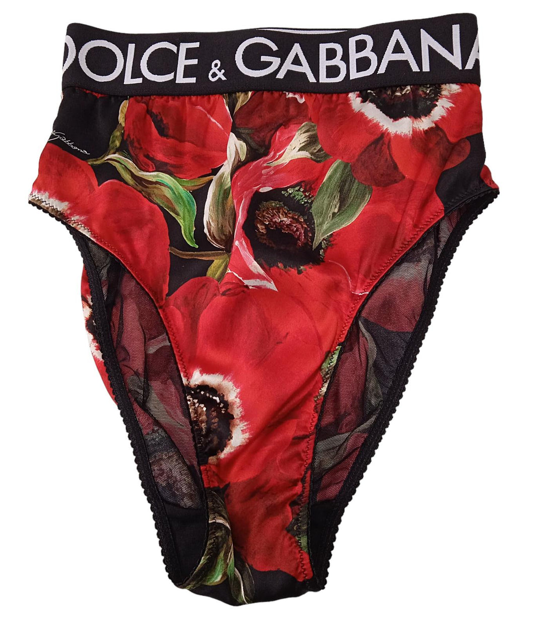 DOLCE & GABBANA Floral Briefs Silk Logo Band High Waist Red/Black XS NEW RRP330