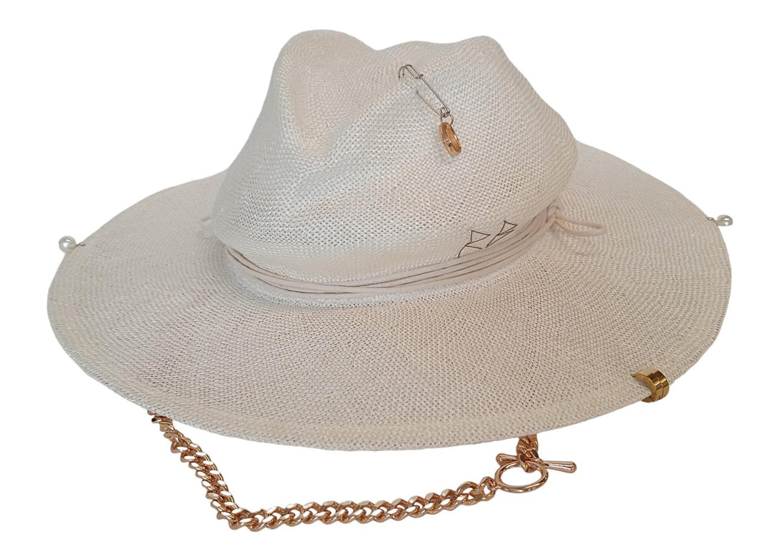 RUSLAN BAGINSKIY Chain Strap Fedora Hat Straw Ladies Neutral White M NEW RRP340