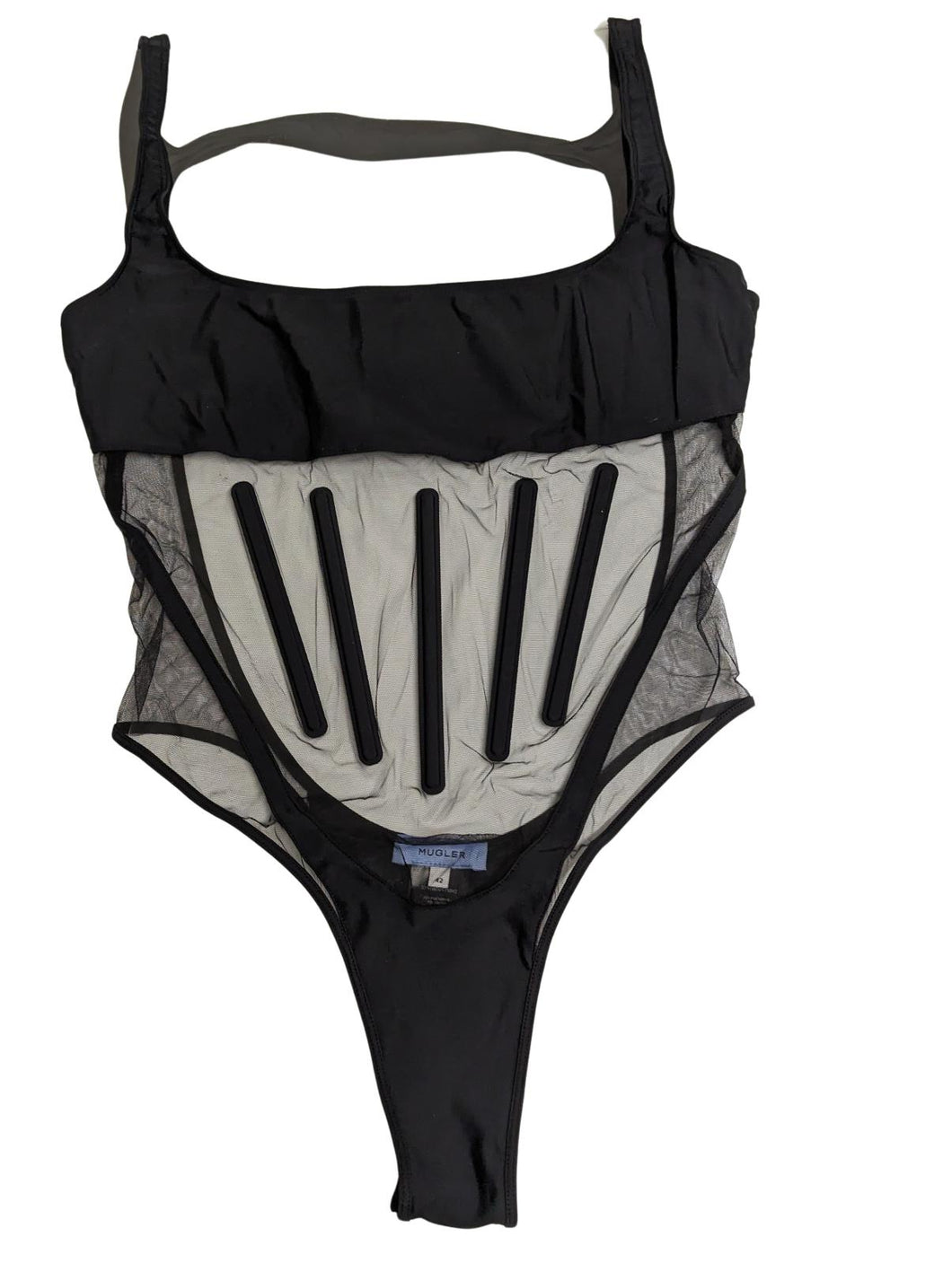 MUGLER Bodysuit Ladies Square Neck Illusson Black All In One UK 14 NEW RRP 790