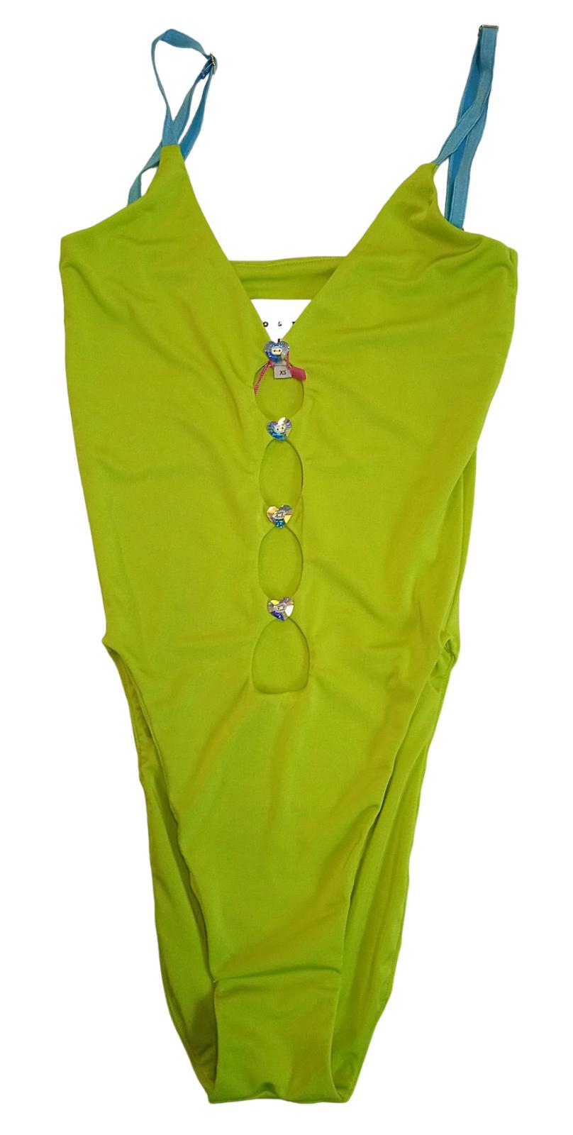 POSTER GIRL Swimsuit Cut Out Front Heart Crystals Green/Blue XS NEW RRP260