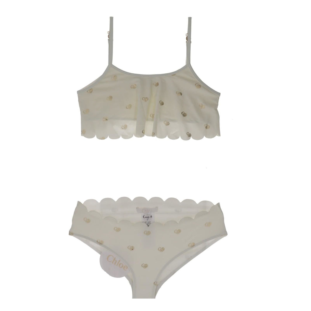 CHLOE KIDS Bikini Set Scalloped Edge Gold Heart White Size 8 yrs RRP100
