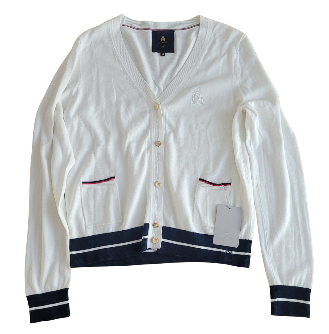 CREW CLOTHING Cardigan Henley Royal Regatta Button Front V-Neck Ivory UK12