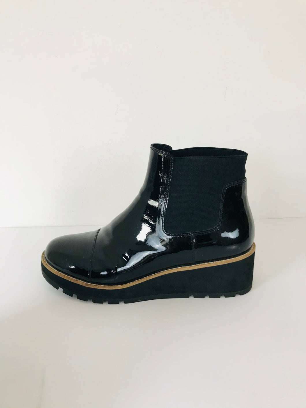 Eileen Fisher Women's Patent Platform Chelsea Ankle Boots | US9 UK7 | Black