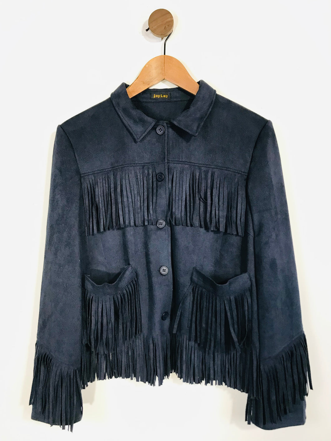 Jayley Women's Faux Suede Fringe Western Button-Up Shirt | M UK10-12 | Blue