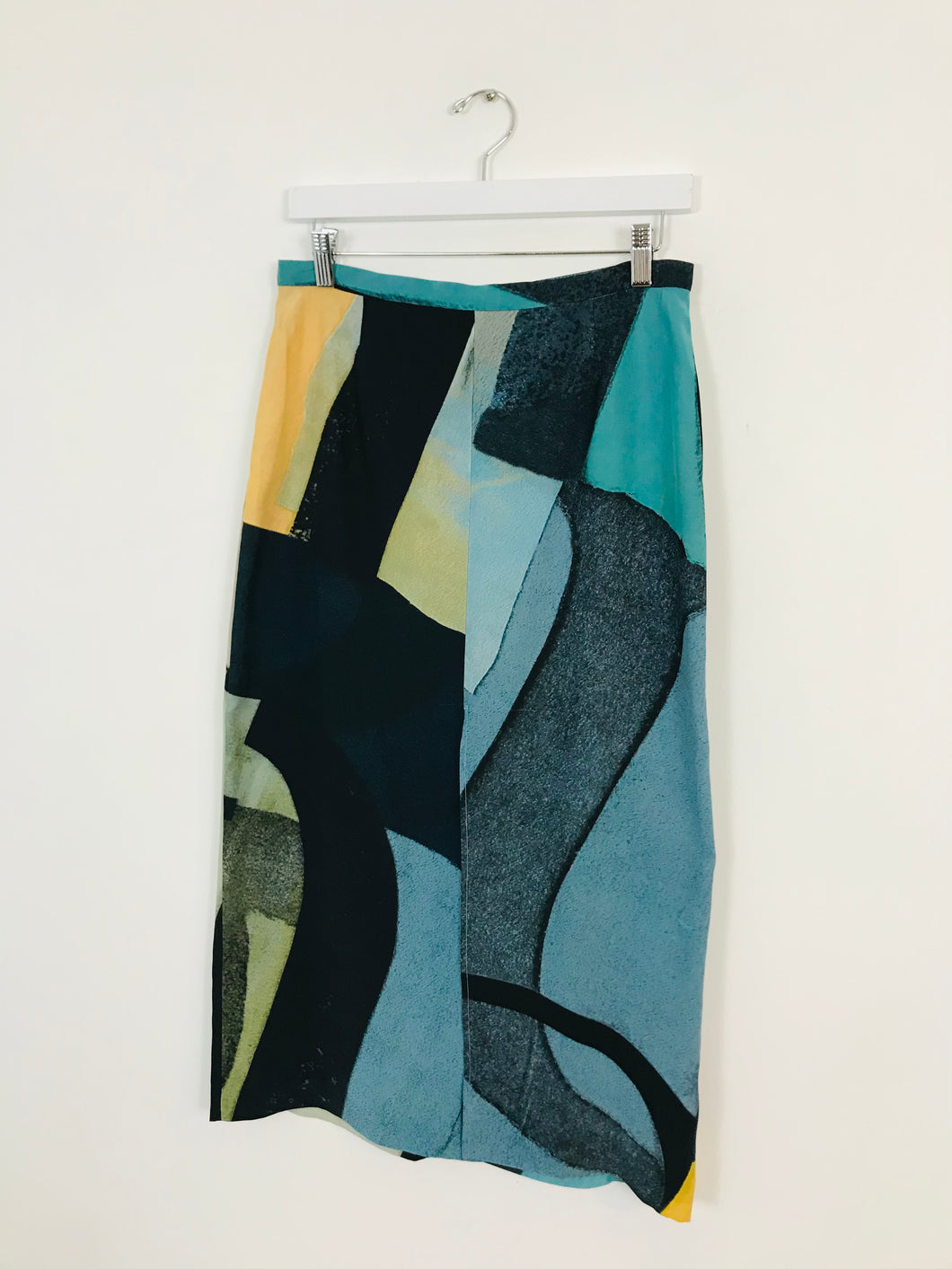 Jigsaw Women’s 100% Silk Abstract Print Midi Skirt | UK10 | Blue