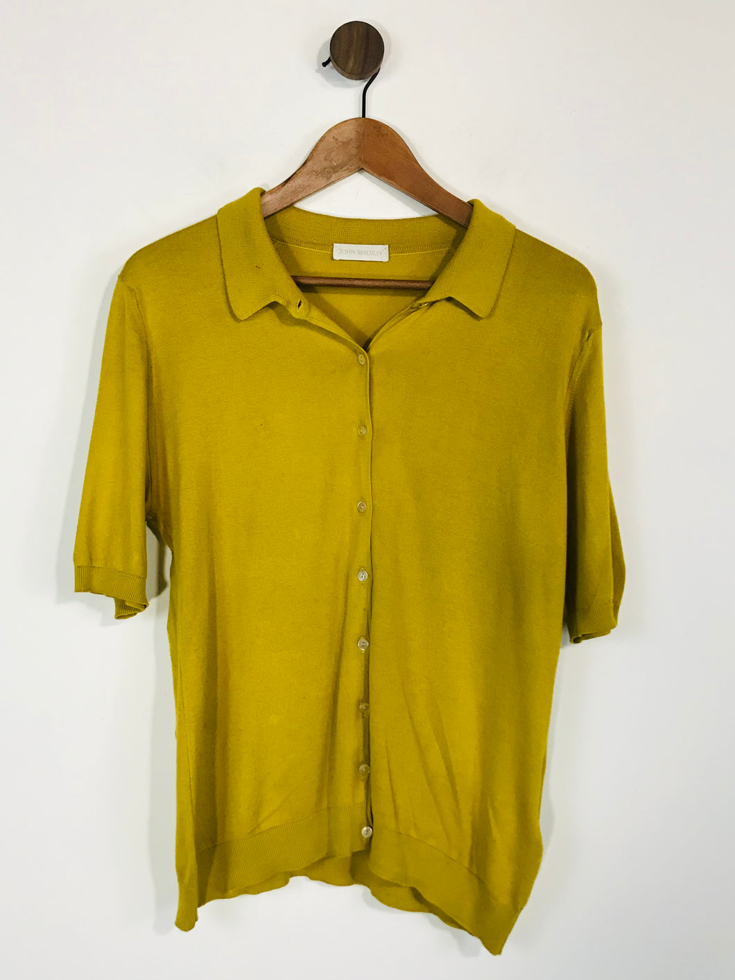 John Smedley Women's Short Sleeve Knit Button-Up Shirt | L UK14 | Yellow