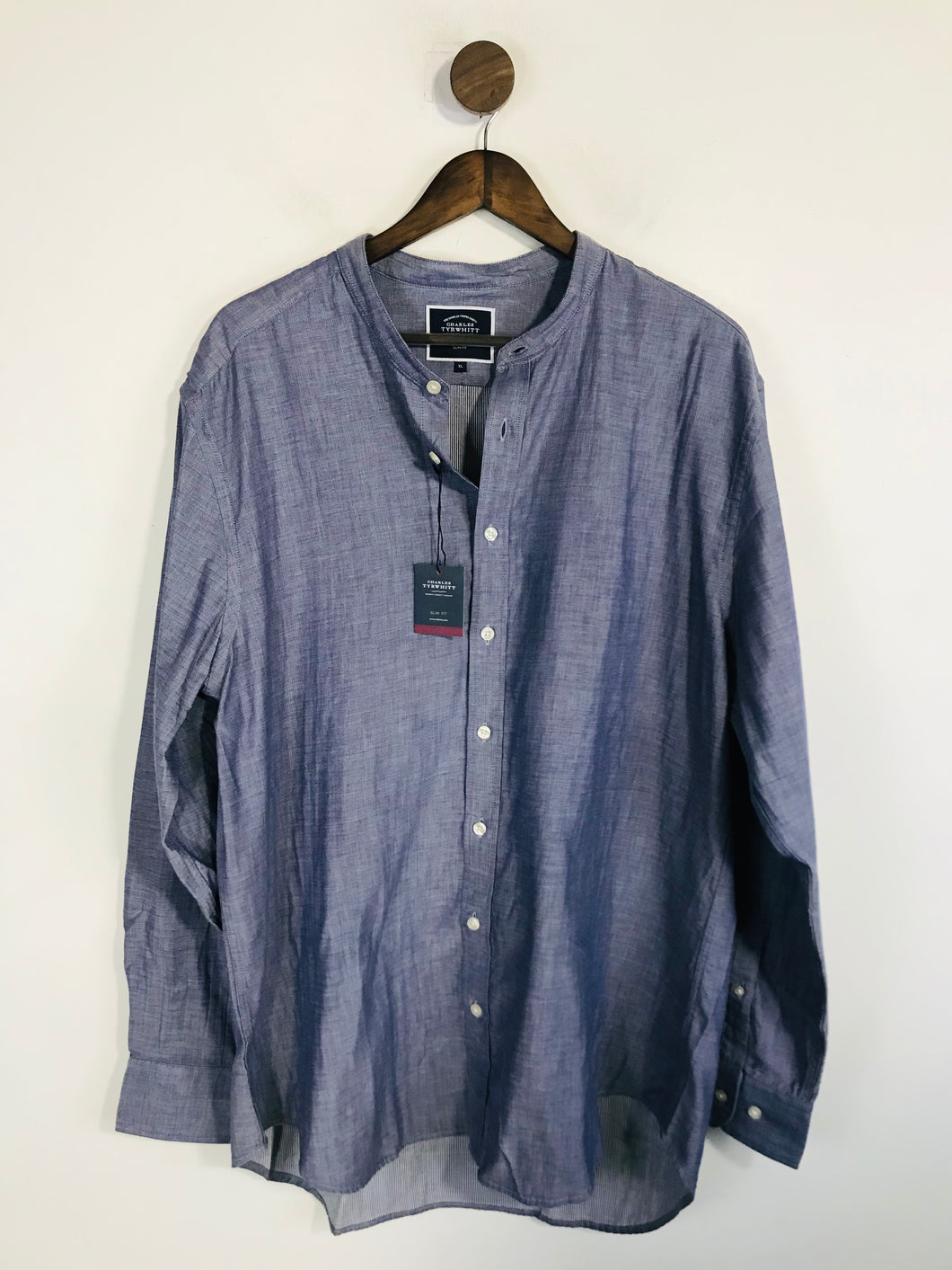 Charles Tyrwhitt Men's Slim Fit Collarless Button-Up Shirt NWT | XL | Blue