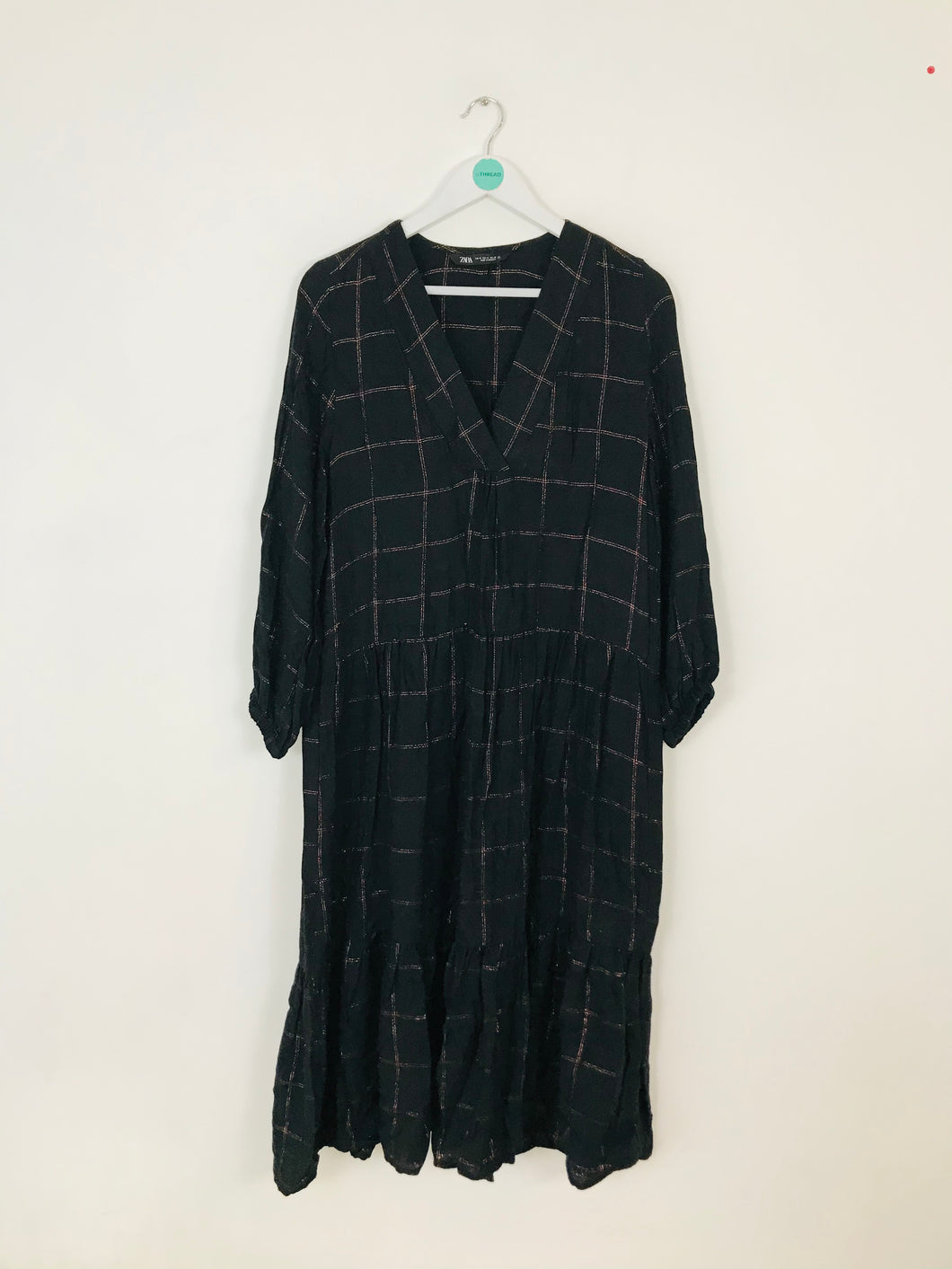 Zara Women’s Oversized Long Sleeve Check Maxi Dress | M UK10-12 | Black