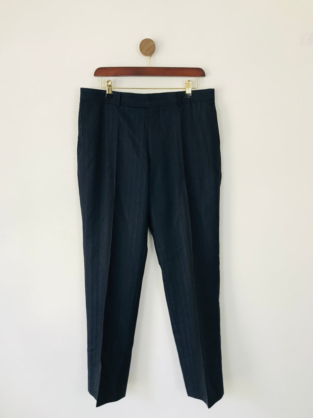 Jaeger Men’s Stripe Wool Suit Trousers | 34S | Navy Blue