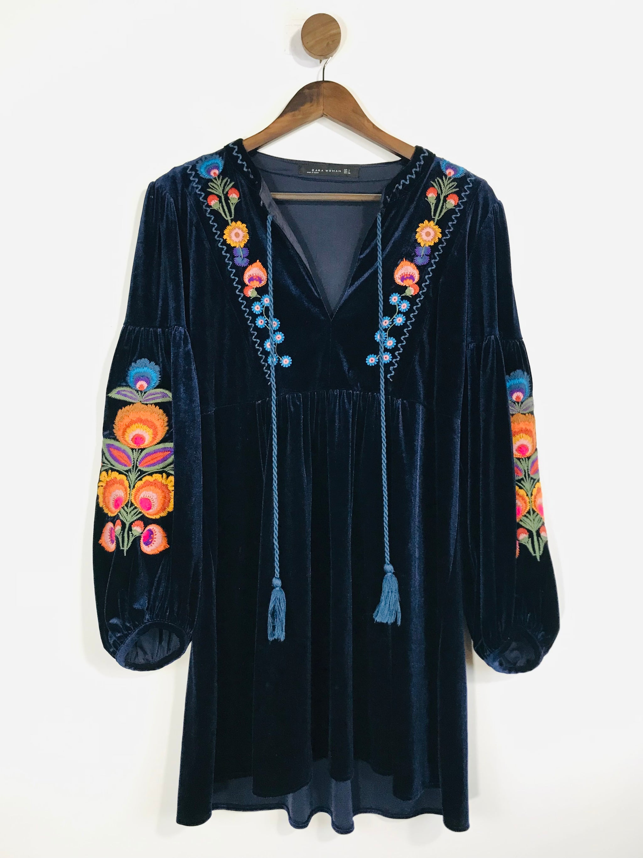 zara velvet embroidered dress Women's Floral Mini | L UK14 mens black suede boots Color:Dazzlingblue 35 inches Arm Elegant Lace Applique Short