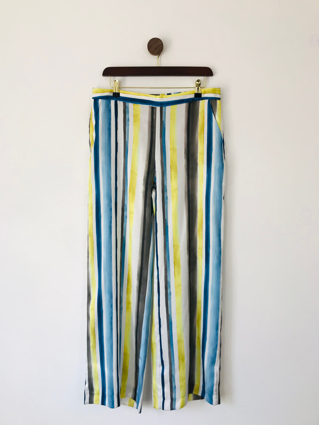 Zara Women’s Painted Stripe Wide Leg Trousers | M UK10-12 | Blue Yellow