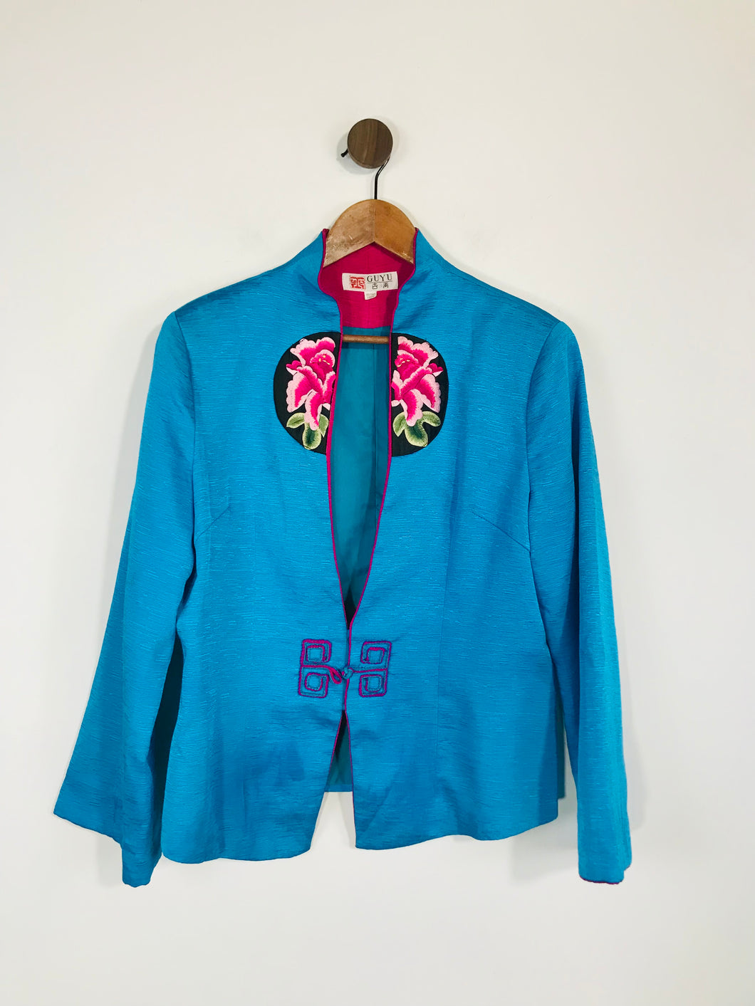 Guyu Women's Floral Embroidery Satin Blazer Jacket | UK16 | Blue