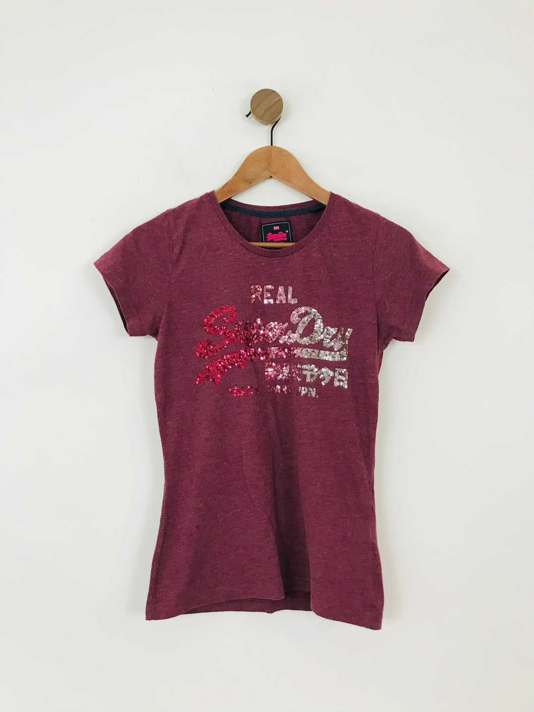 Superdry Women's Sequin Graphic T-Shirt | S UK8 | Purple