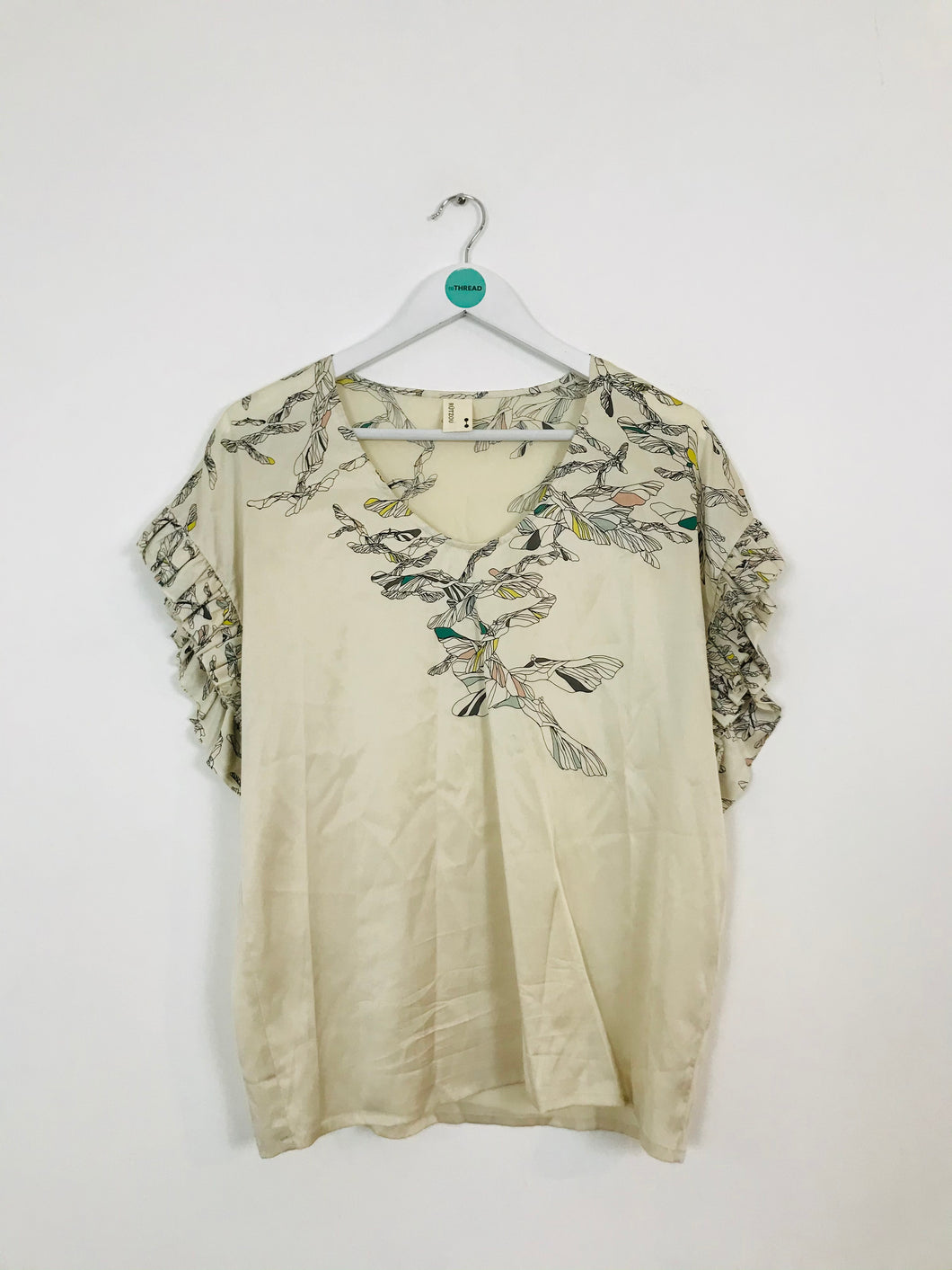 Rutzou Women’s Silk Blend Ruffle Sleeve Blouse | 38 UK10 | Beige