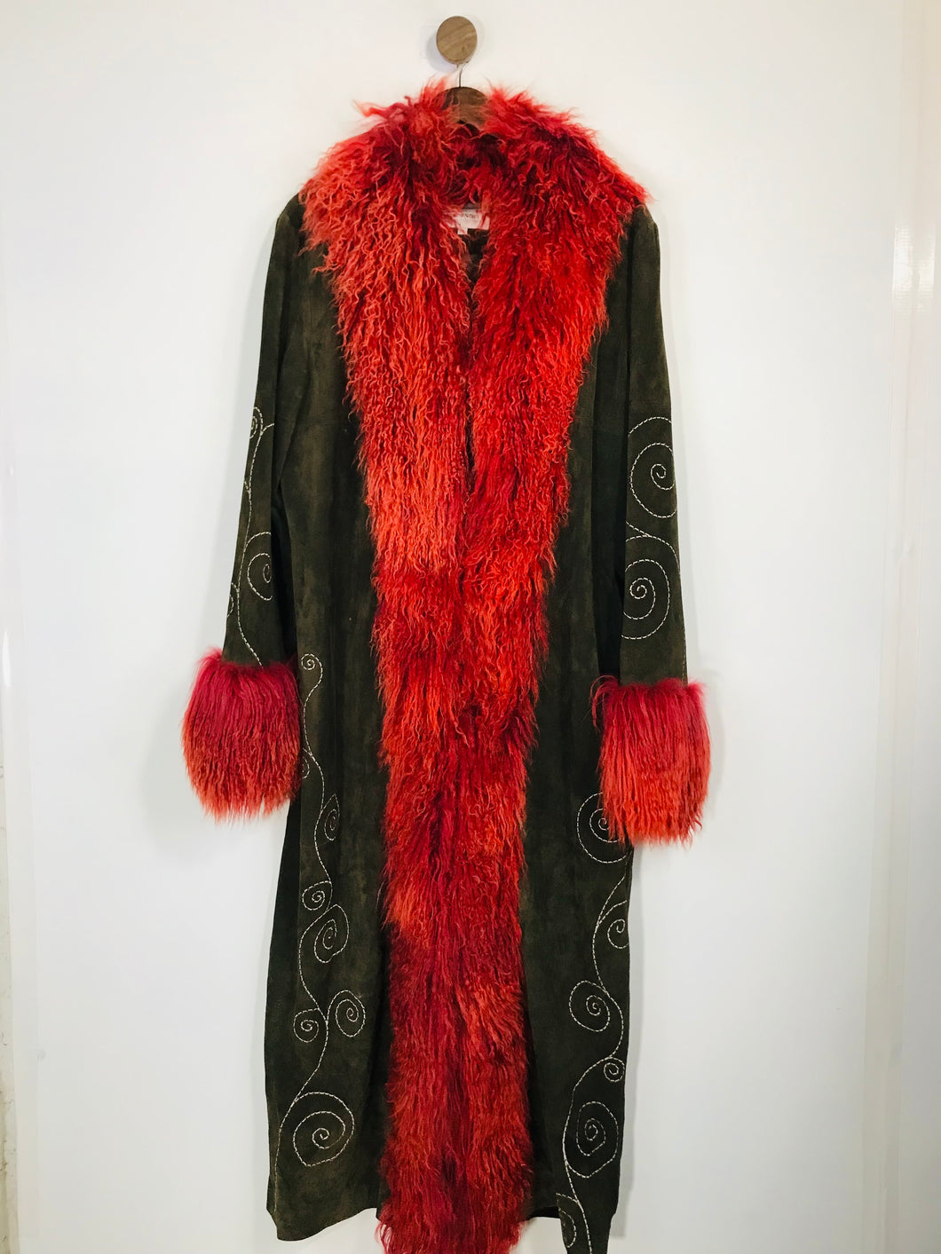 Wealth of Nations Women's Leather Fur Trim Overcoat Coat | UK18 | Green