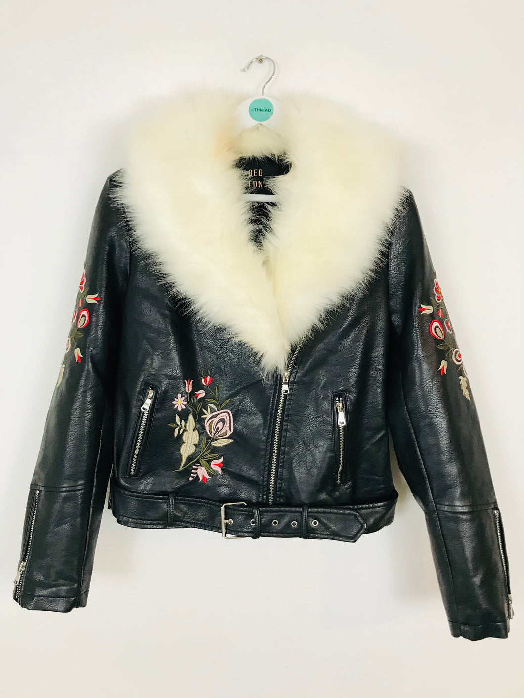 Qed London Women’s Faux Fur Collar Leather Biker Jacket | UK12 | Black