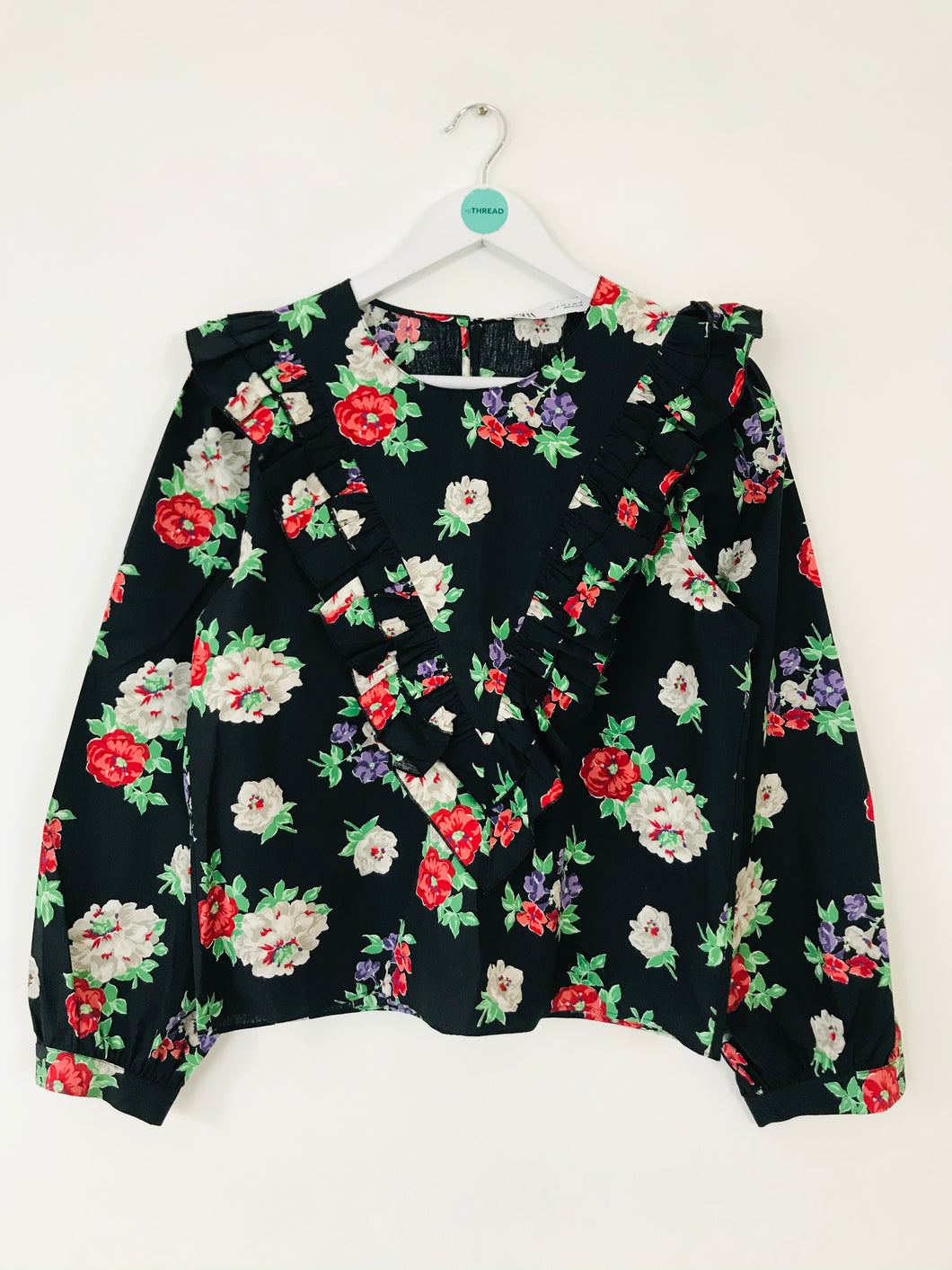 Zara Women’s Floral Frill Blouse | UK10-12 | Black