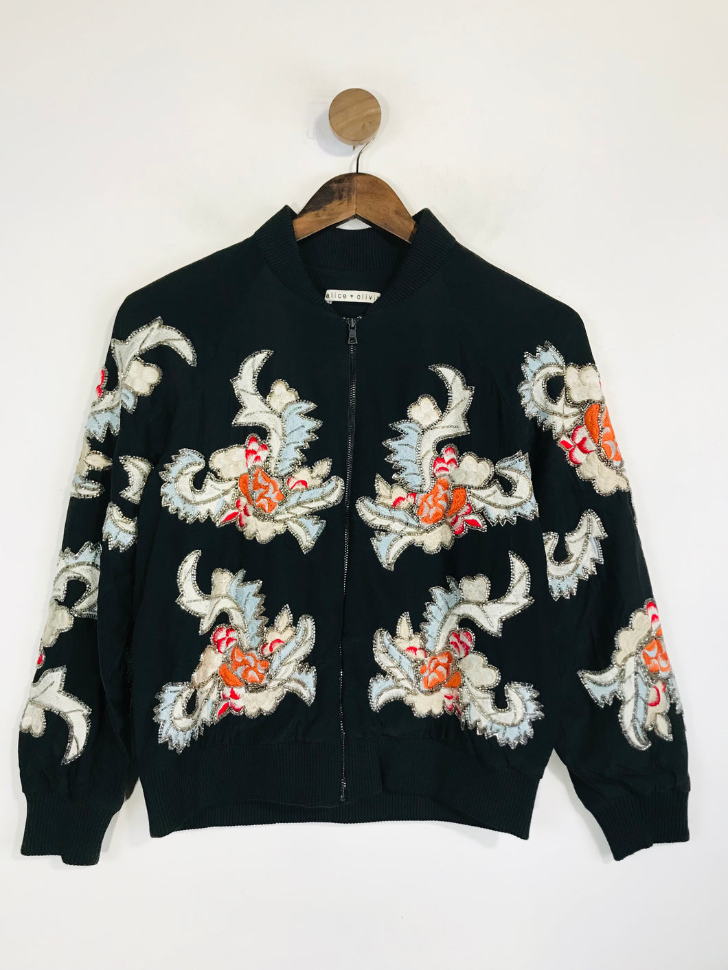 Alice + Olivia Women's Silk Embroidered Bomber Jacket | XS UK6-8 | Black