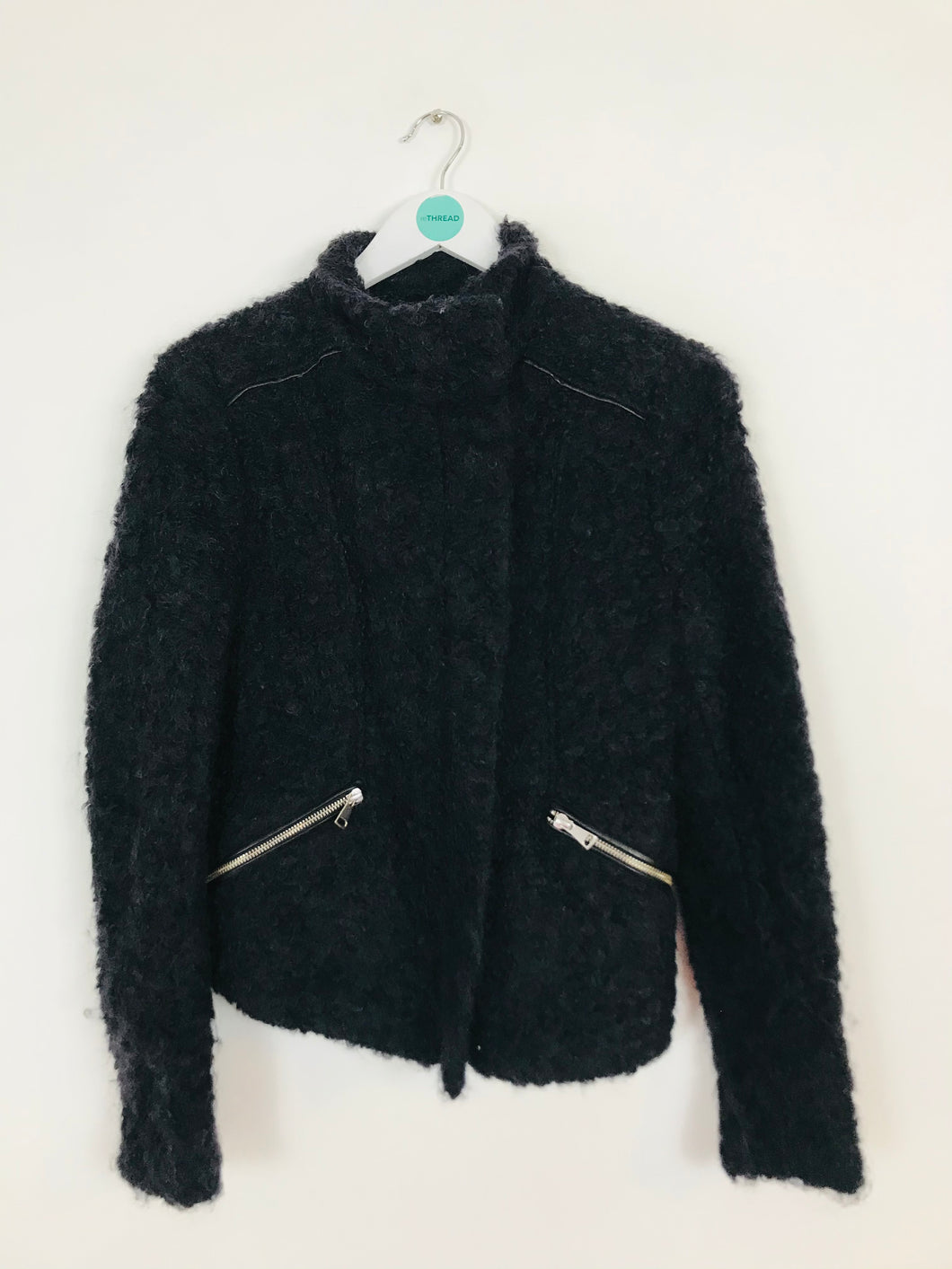 Whistles Women’s Faux Fur Knitted Bomber Biker Jacket | UK10 | Black