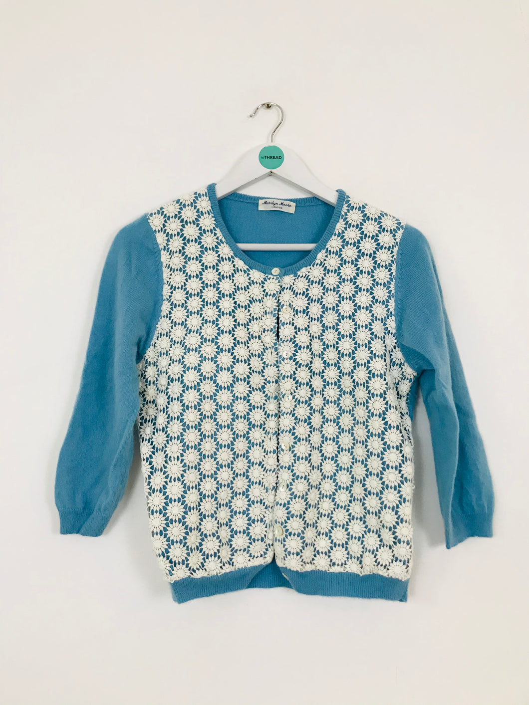 Marilyn Moore Women’s 100% Cashmere Floral Cardigan | UK14 | Blue White