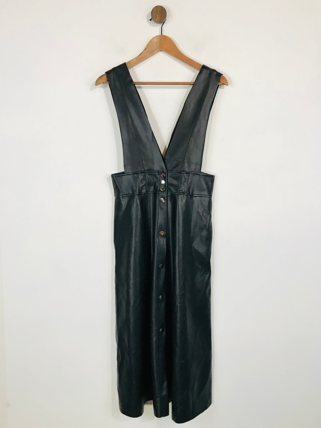 Zara Women's Faux Leather Dungaree Midi Dress NWT | M UK10-12 | Black