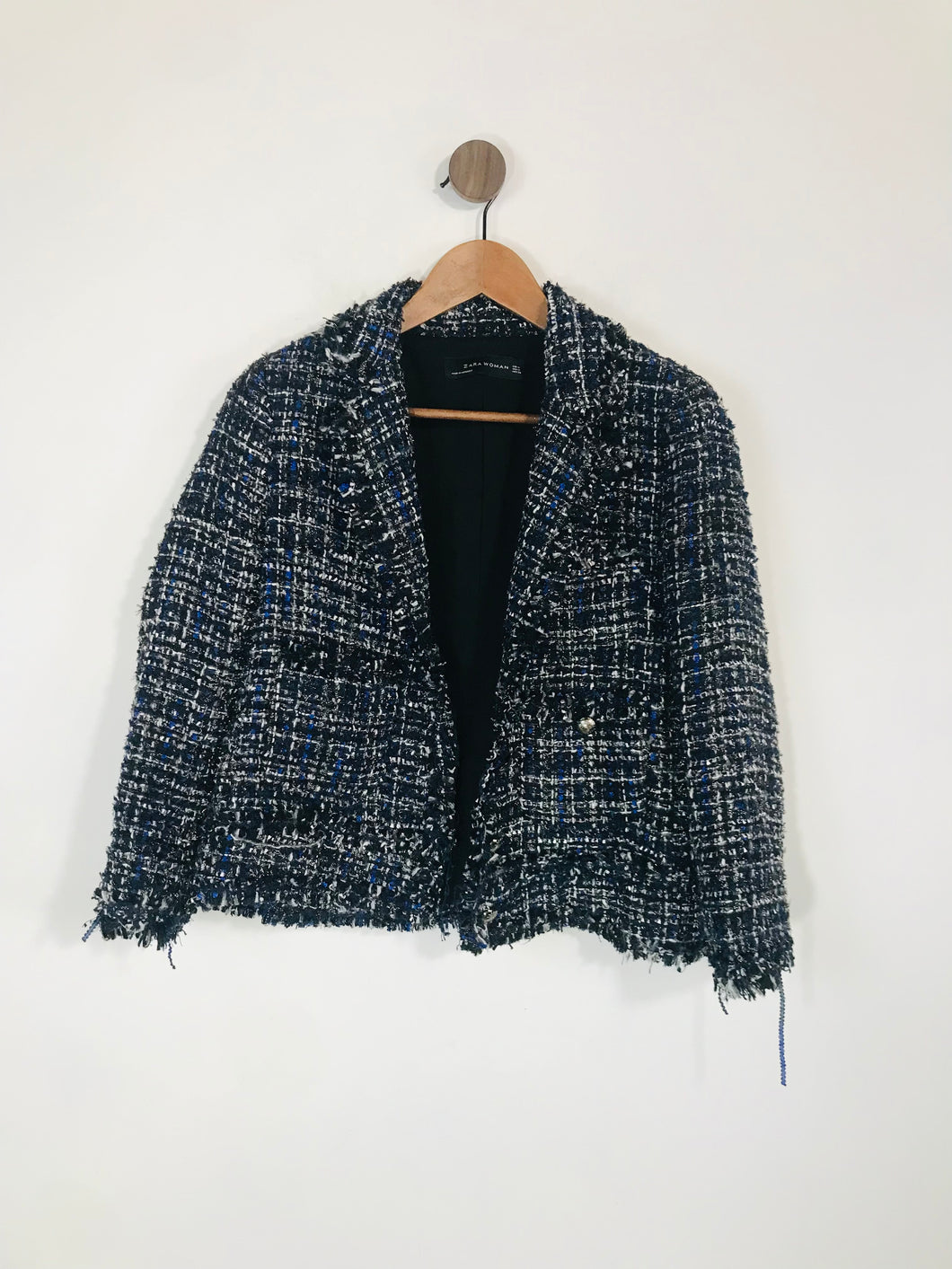 Zara Women's Check Tweed Blazer Jacket | M UK10-12 | Blue
