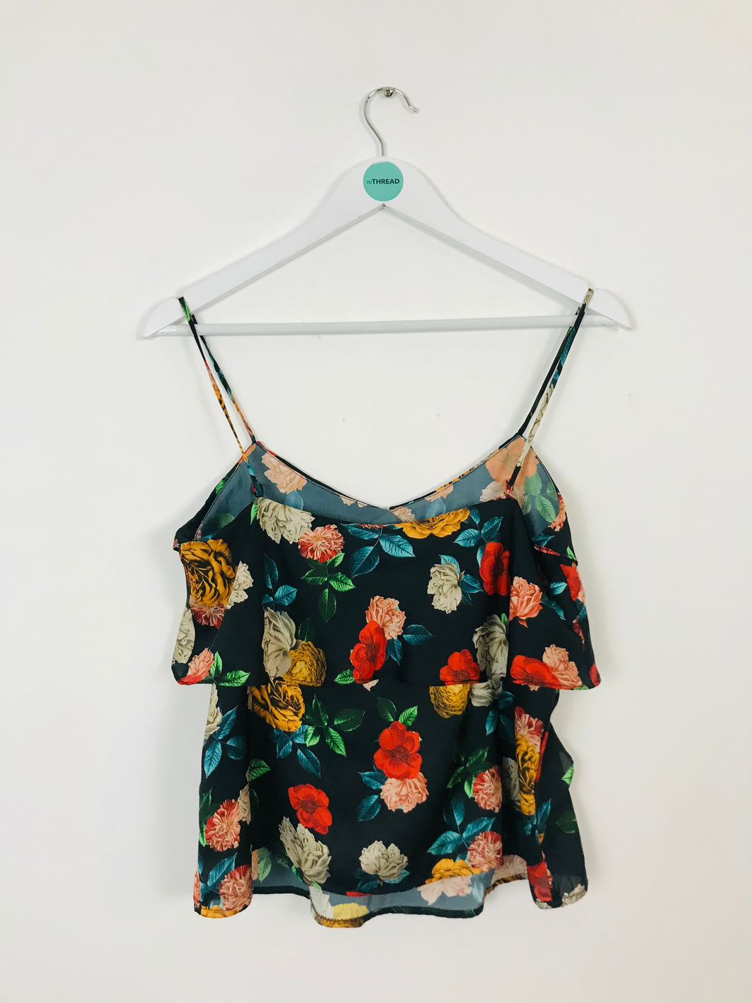 Mango Womens Floral Cami Camisole Ruffle Top | S | Black