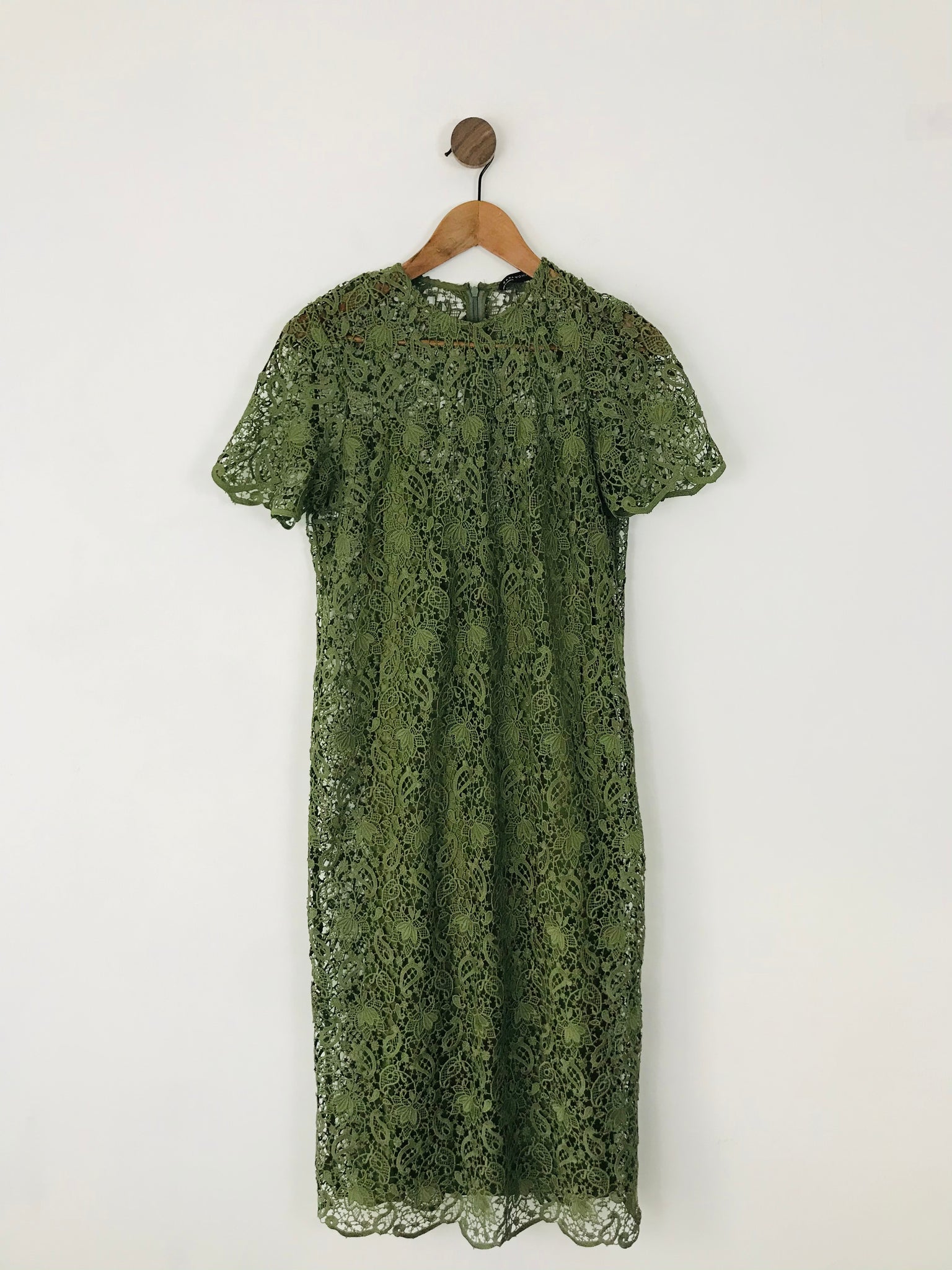 Zara Women's Floral Lace Midi Dress | L UK14 | Khaki Green ReThread Zara Women's Floral Lace Midi Dress | L UK14 | Khaki Green ReThread