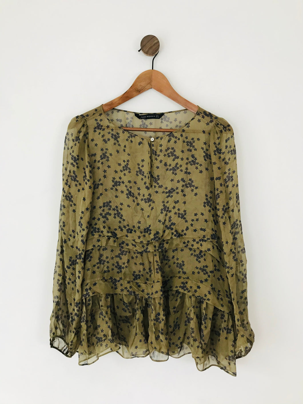 Zara Women’s Star Print Oversized Sheer Blouse | M UK12 | Green