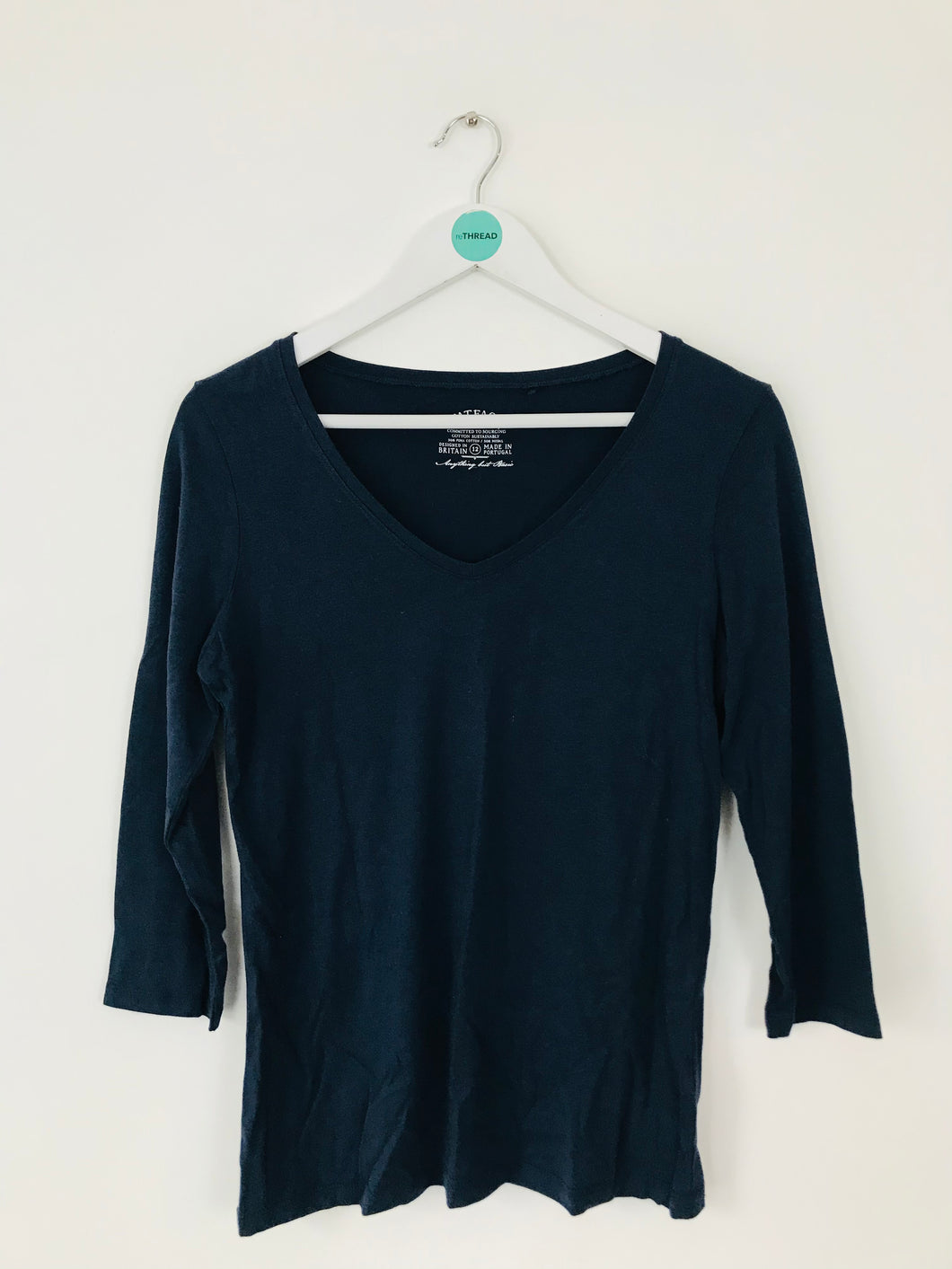 Fat Face Women’s 3/4 Sleeve V-Neck T-Shirt | UK12 | Navy Blue