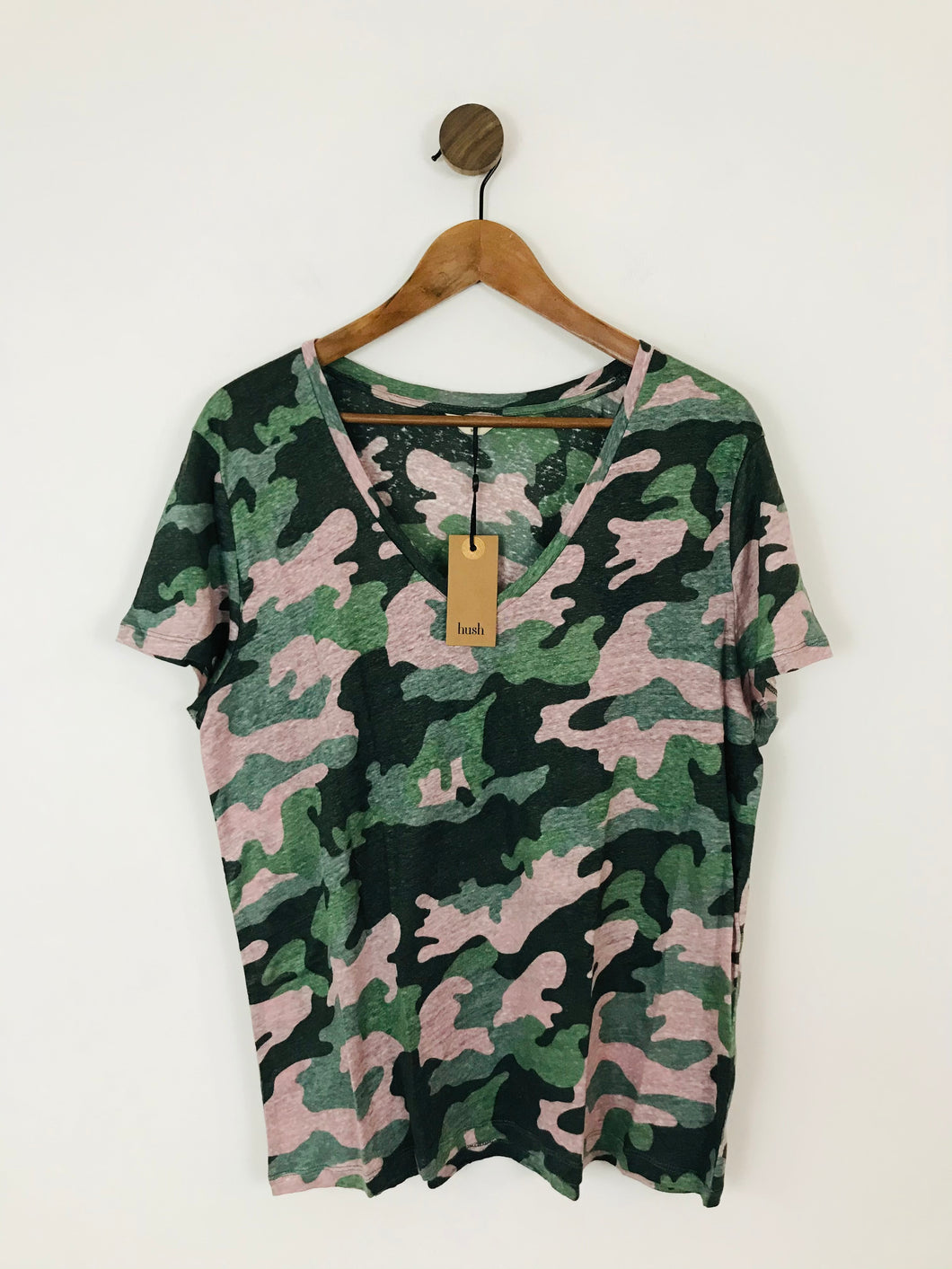 Hush Women’s 100% Linen Camo T-Shirt NWT | M UK10-12 | Khaki Pink