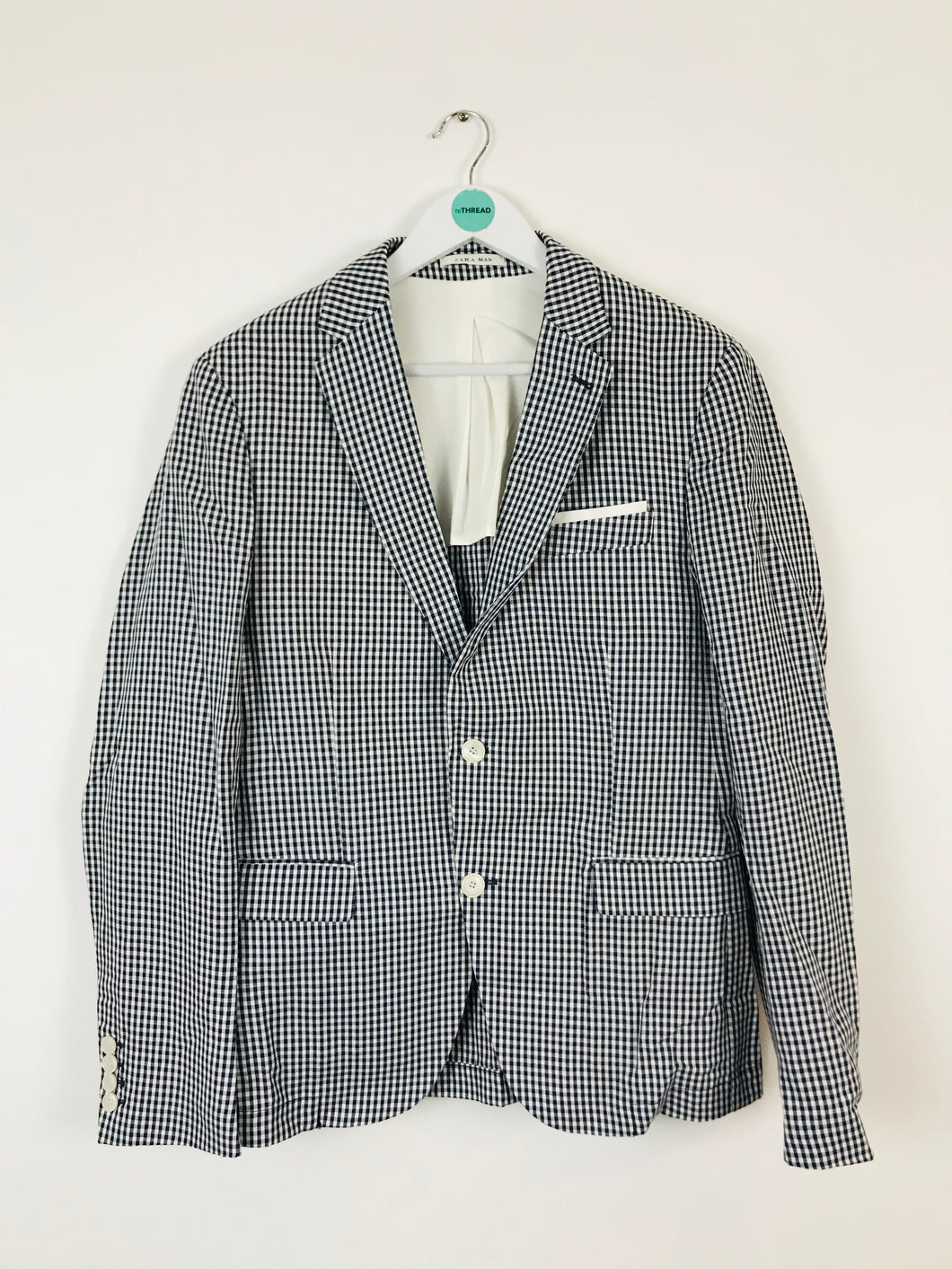 Zara Man Men’s Gingham Check Suit Jacket Blazer | 50 UK40 L | Blue