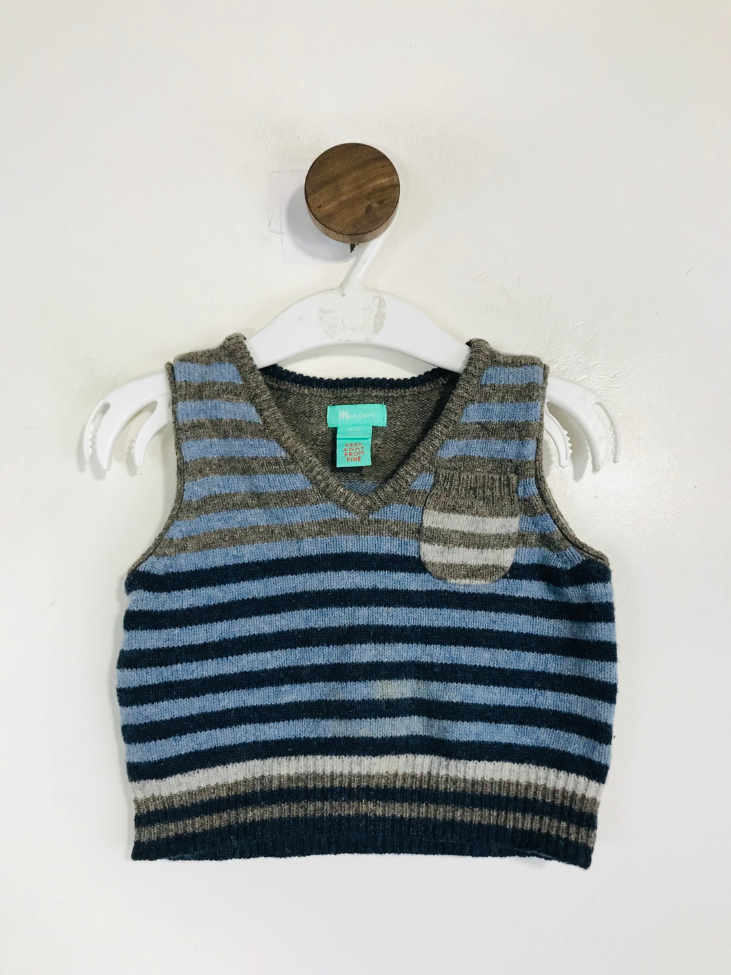 Monsoon Kid's Wool Striped Vest | 6-12 Months | Blue
