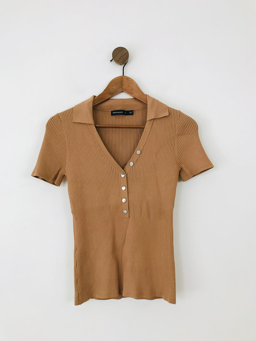 Karen Millen Women's Knit Henley T-Shirt | M UK10-12 | Brown