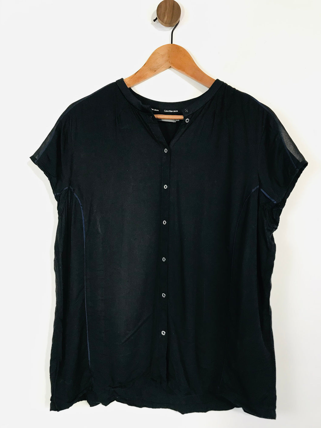 Calvin Klein Jeans Women's Collarless Short Sleeve Button-Up Shirt | L UK14 | Black