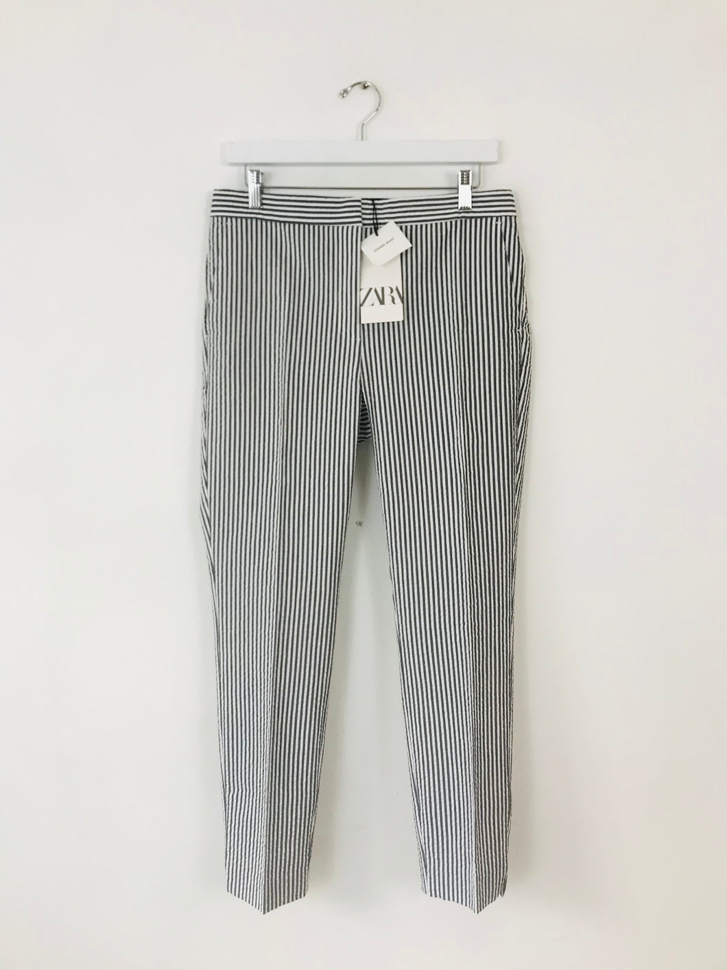 Zara Women’s Seersucker Striped Tapered Trousers NWT | L UK14 | Grey